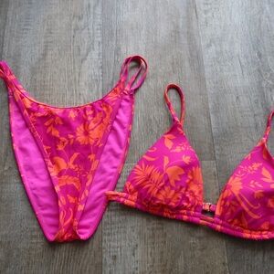 Hot Pink & Orange Floral Triangle Bikini Set - Women Swim